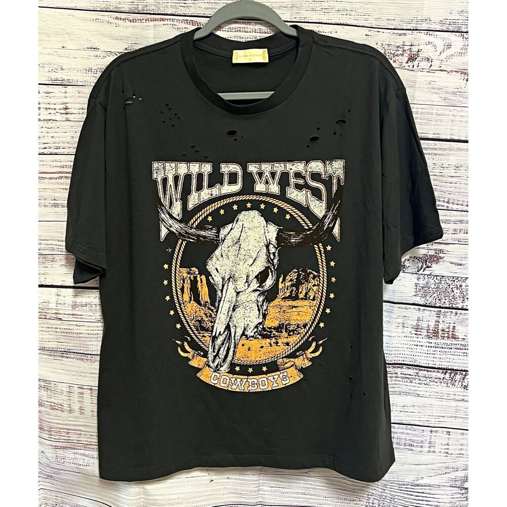NWOT Altar'd State Wild West Graphic Tee M Black Distressed Skull Western Boho